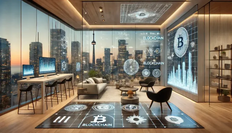 Создай изображение на тему Innovative Blockchain Solutions Transforming Interior Design in Toronto